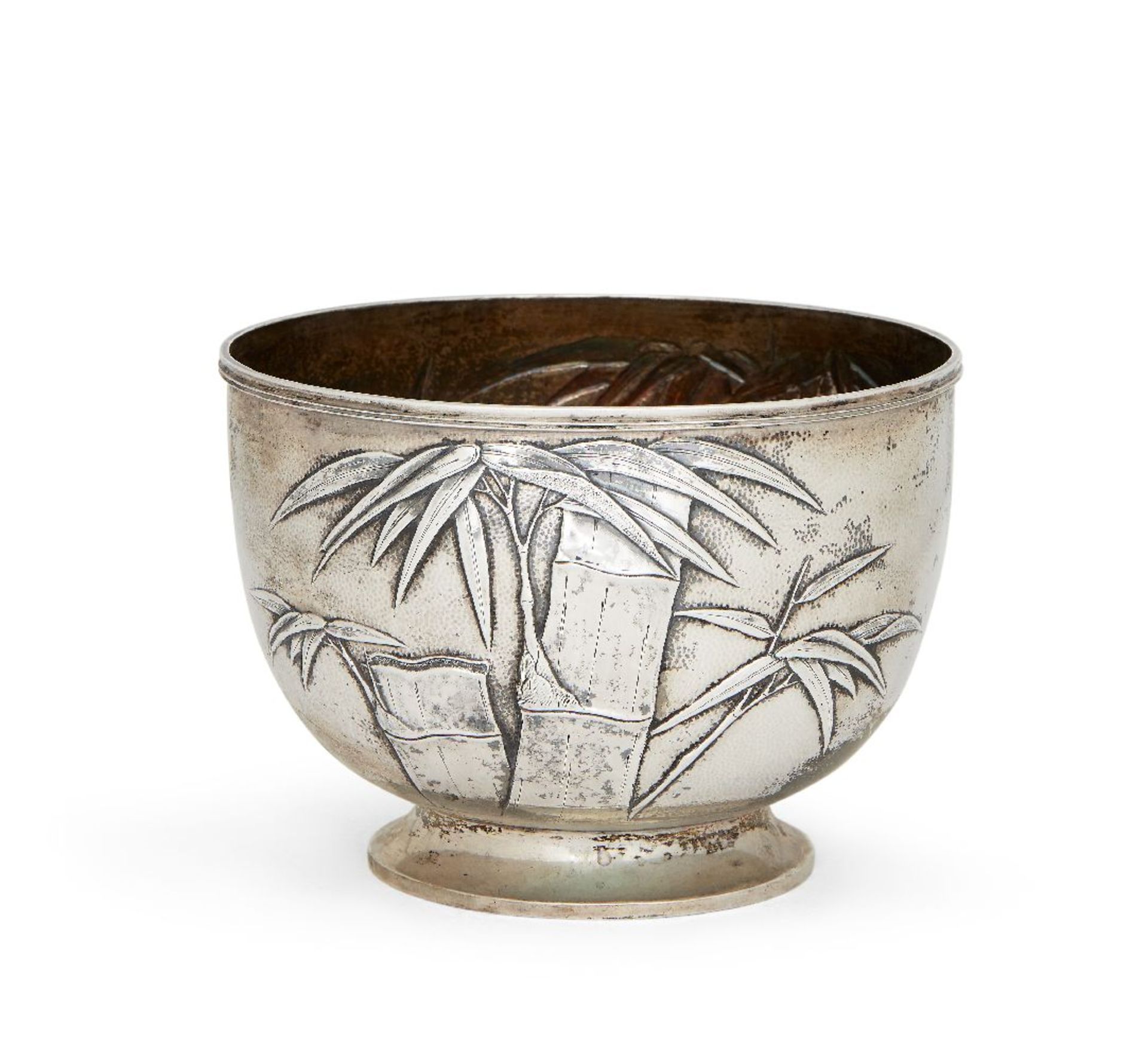 A Chinese bamboo design bowl, assumed silver, with Chinese mark to base and maker's mark TC,