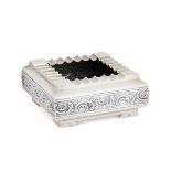 A square silver ashtray with repousse scroll decorated sides, probably late 19th century, the