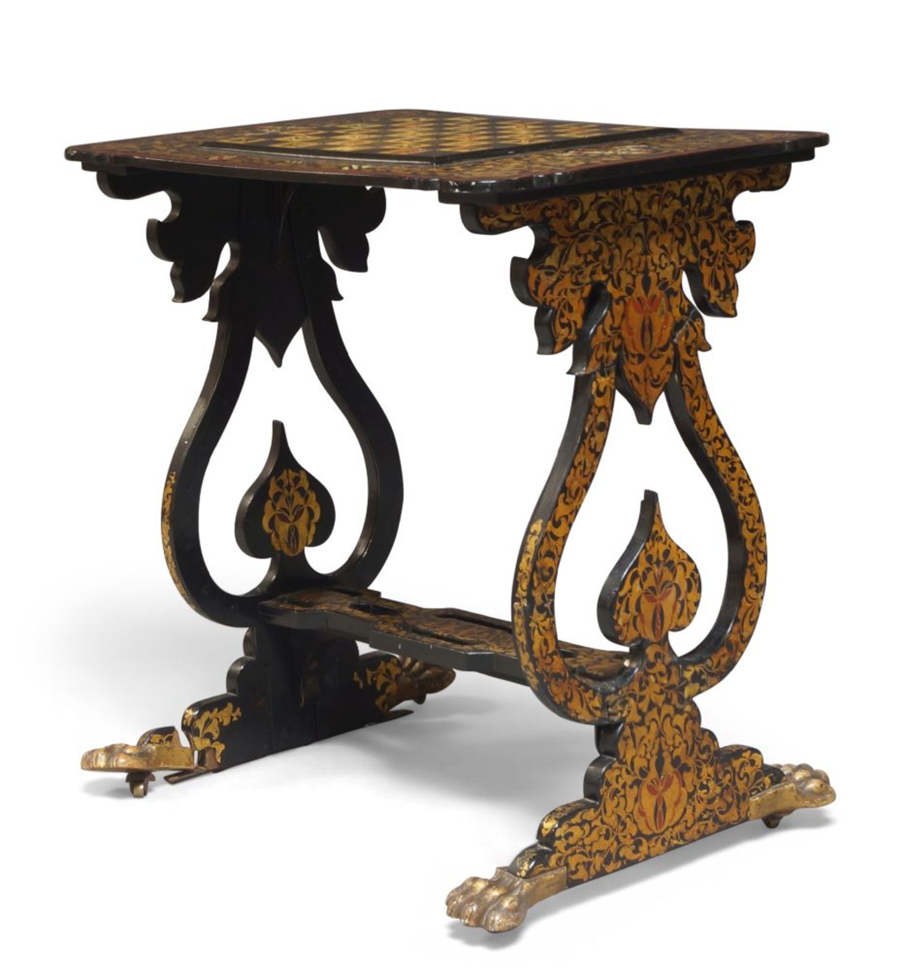 A Victorian black lacquered and gilded chess table, c.1880, the chequered top surrounded by