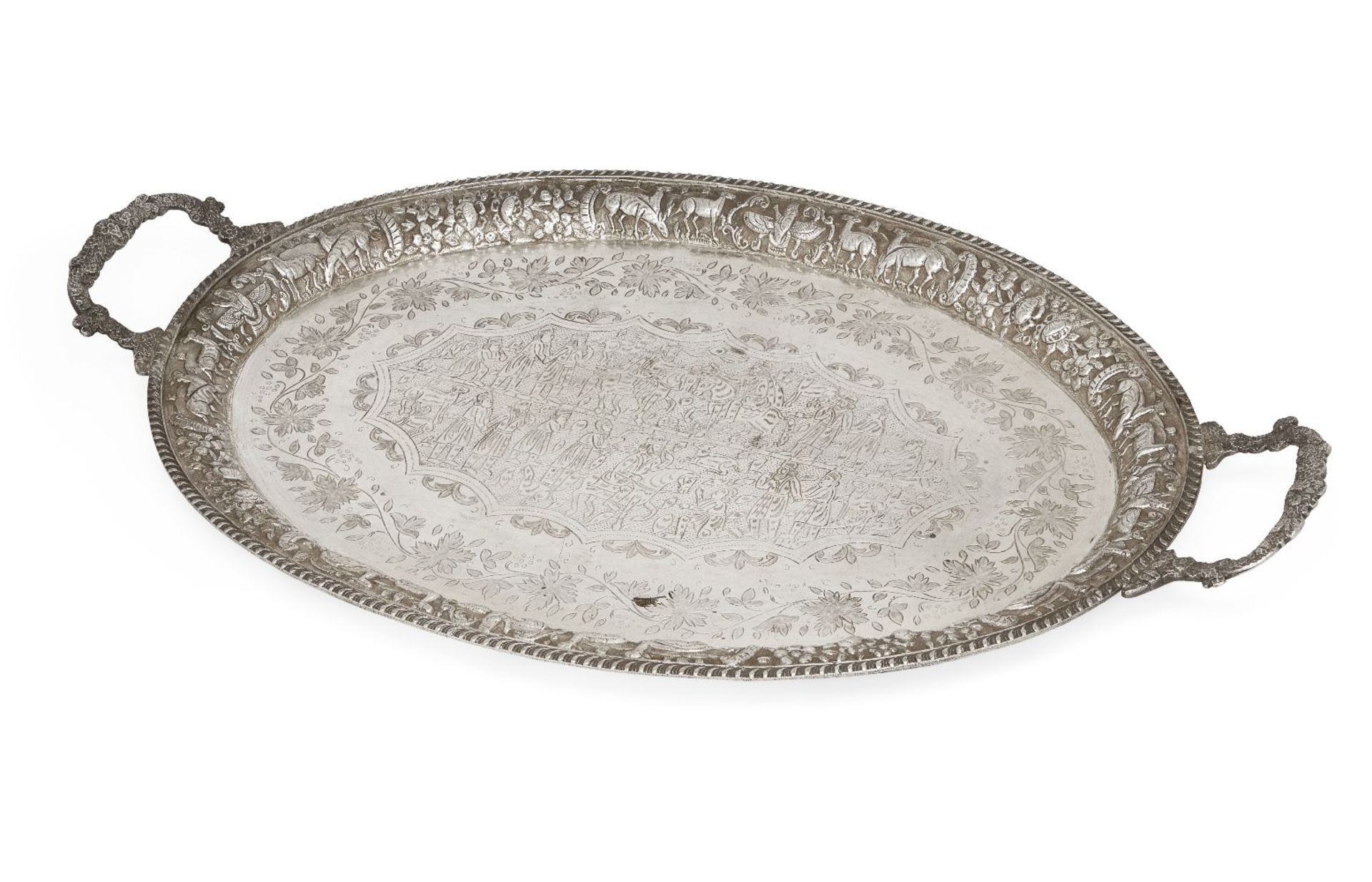 An early 20th century Persian tray, with marks for Persian silver, the oval-shaped sides designed