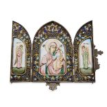 A Russian silver and enamel triptych travel icon, Moscow, 1908-1926, mark of PM (ПМ Cyrillic), the