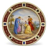 A large Vienna-style porcelain cabinet plate, early 20th century, blue beehive mark, painted with