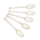 A set of five George III silver spoons, London, c.1769 John Lampfert, the stems designed with