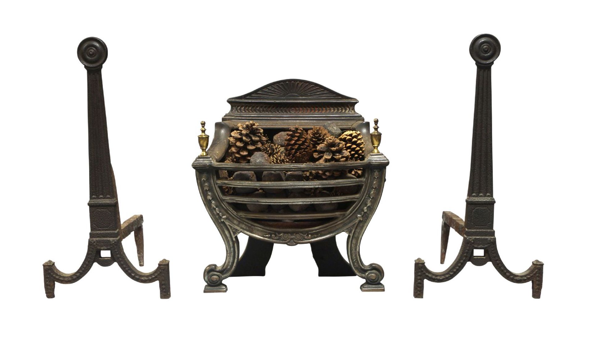 An Adam style cast iron fire grate, together with a pair of cast iron fire dogs (3) Please refer