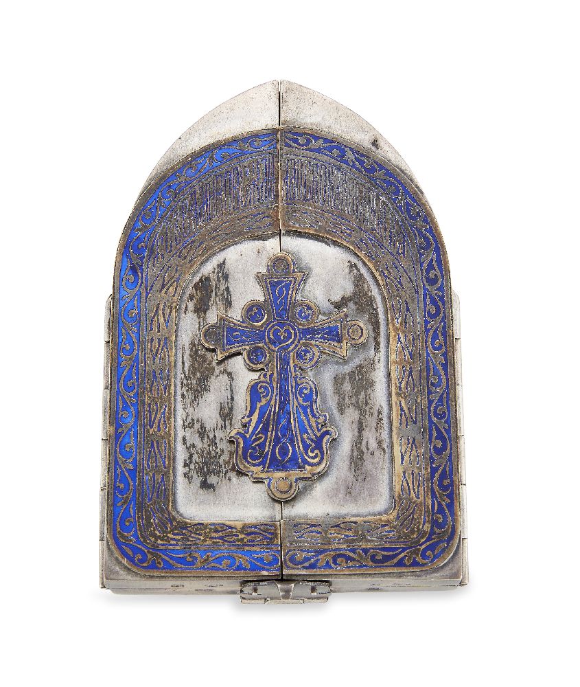 A Russian silver and enamel triptych travel icon, Moscow, 1899-1908, mark of YaA (ЯА Cyrillic), - Image 2 of 5