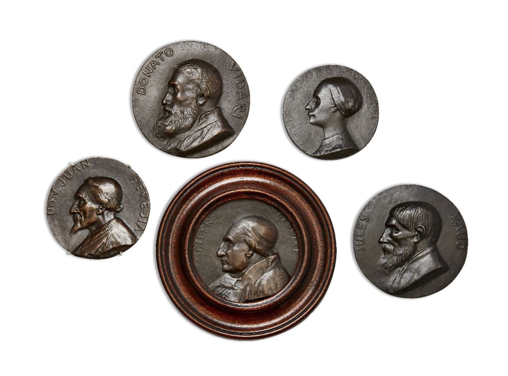 After Alphonse Legros RE, British/French, 1837-1911, a group of five bronze portrait medallions,