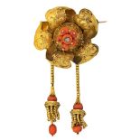 A gold, coral and diamond brooch, of flower head design applied with rope and bead work detail