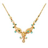 An Edwardian gold, turquoise and half-pearl necklace. the central half-pearl cluster flanked by