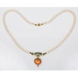 A cultured pearl, enamel and diamond necklace, centring on a pink enamel shell motif suspended