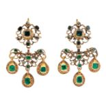 A pair of antique Iberian gold, emerald and diamond earrings, each of open work scroll design