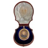 A Victorian gold and half-pearl locket, the central locket compartment enclosing a painted