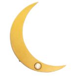 A gold and half-pearl single stone crescent brooch, designed as a crescent moon accented with a