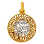 A late 19th early 20th century gold, platinum and diamond pendant, of circular open work design