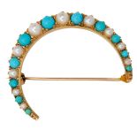 A 9ct gold, turquoise and half-pearl crescent moon brooch, alternately set with half-pearls and