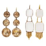 Two pairs of 19th century drop earrings, one pair composed of three graduated circular foiled paste,