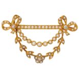 A late 19th / early 20th century gold, half-pearl and old brilliant-cut diamond festoon brooch,