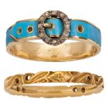 An early 19th century gold, blue enamel and diamond buckle ring and an 18th century gold band