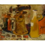 Pierre Lavarenne, French b.1928- Still life, jugs on table; oil on canvas, signed lower right,