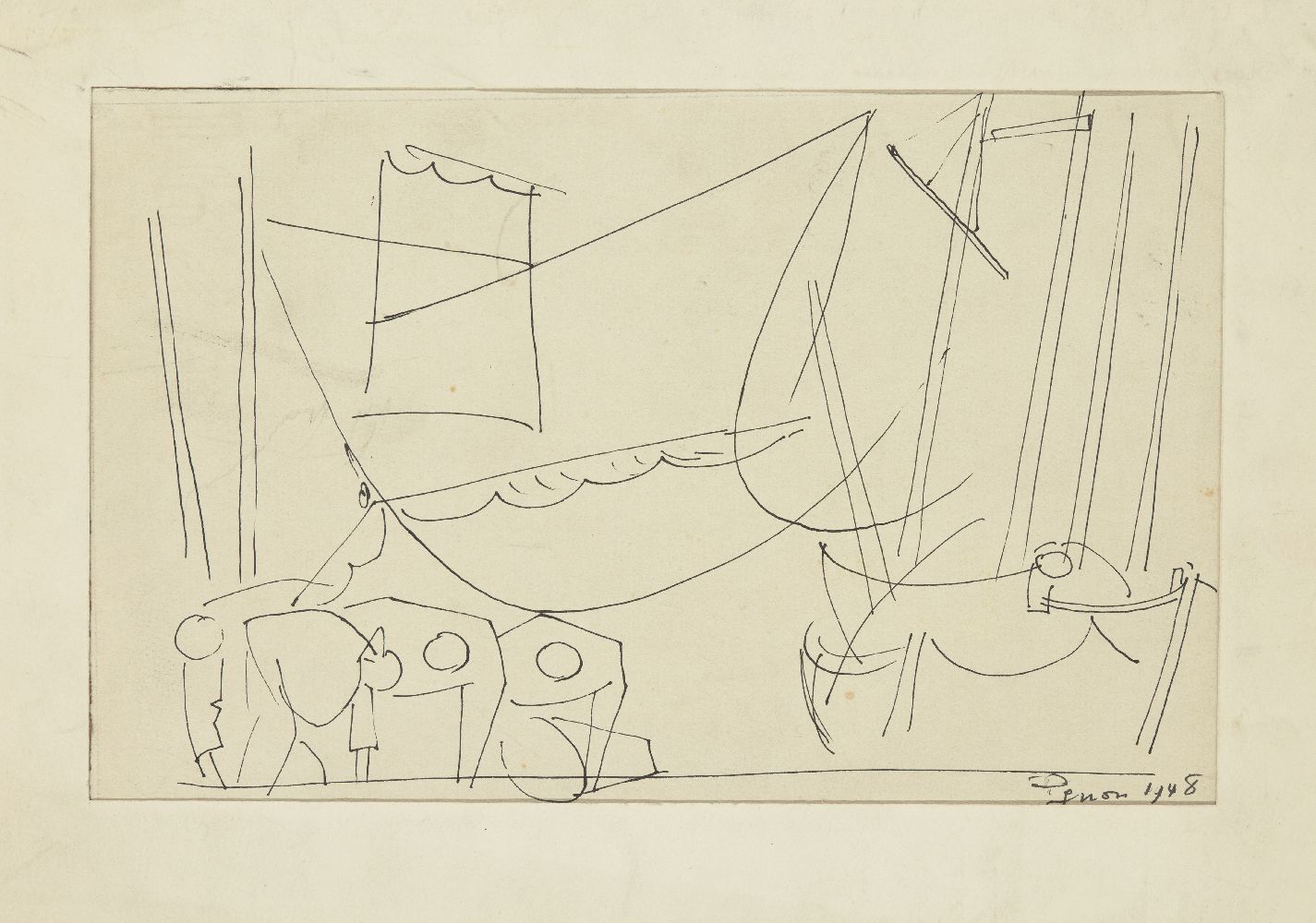 Edouard Pignon, French 1905-1993- Bateaux de pêche,1948; ink, signed and dated 1948 lower right,