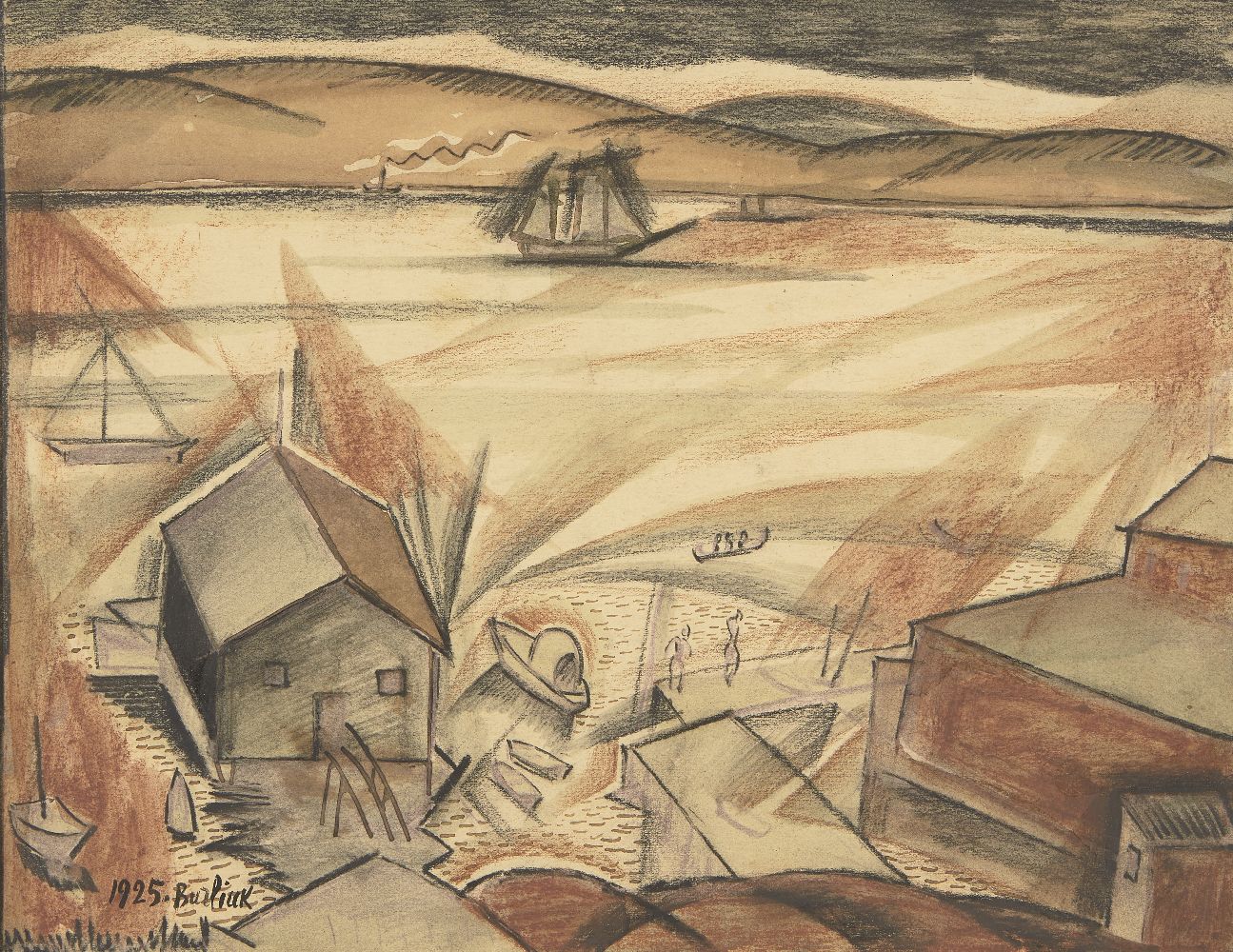 David Burliuk, Russian 1882-1967- Untitled (Harbour scene), 1925; pastel, charcoal, ink, and wash on