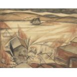 David Burliuk, Russian 1882-1967- Untitled (Harbour scene), 1925; pastel, charcoal, ink, and wash on