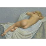 Paul Sieffert, French 1874-1957- Reclining female nude; oil on panel, signed,with artist's studio