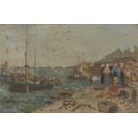 Edmond Jean Petitjean, French 1844-1925- Tranquil fishing harbour; oil on board, signed with