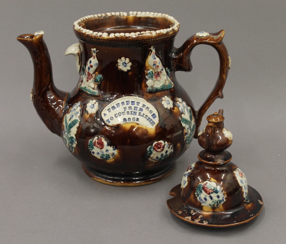 A large Edwardian pottery Barge Ware tea pot. 32.5 cm high. - Image 5 of 7