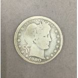 A 1900 USA quarter dollar.