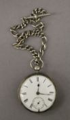 A silver pocket watch and a silver Albert chain, in a box. The former 4 cm diameter.