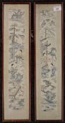 A pair of Chinese silk embroideries, each framed and glazed. 14 x 58 cm overall.