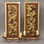 Two carved gilded panels with applied sconces, housed in modern frame. 50.5 cm high.