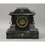 A Victorian black slate mantle clock. 47.5 cm wide, 43.5 cm high.