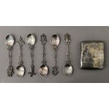 A set of Dutch silver teaspoons (100.6 grammes) and a silver cigarette case (62.2 grammes).