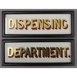 Two small Victorian gilding and painted glass signs, 'Dispensing' and 'Department', each framed.