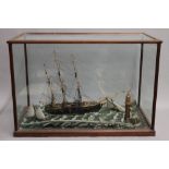 A vintage shipping diorama in a glazed mahogany case. 71 cm wide x 48 cm high x 36.5 cm deep.