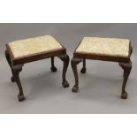 Two early 20th century cabriole leg stools. The largest 51 cm wide.