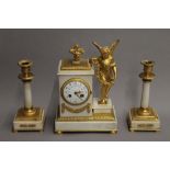 A 19th century ormolu mounted white marble clock garniture. The clock 27 cm high.