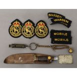 An Acme Boy Scout whistle, a Boy Scout sheath knife, a quantity of Civil Defence cloth badges,