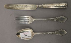 A Victorian silver three-piece Christening set by George Unite. The fork 17.5 cm long. 3.