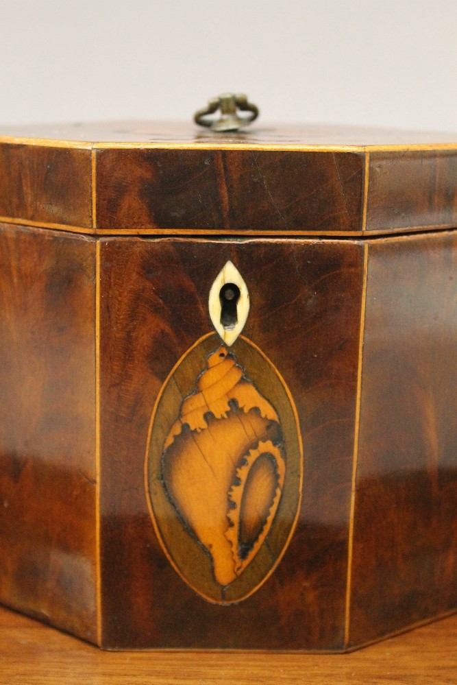 A George III mahogany octagonal tea caddy with shell inlay and a 19th century mahogany oval shell - Image 3 of 9