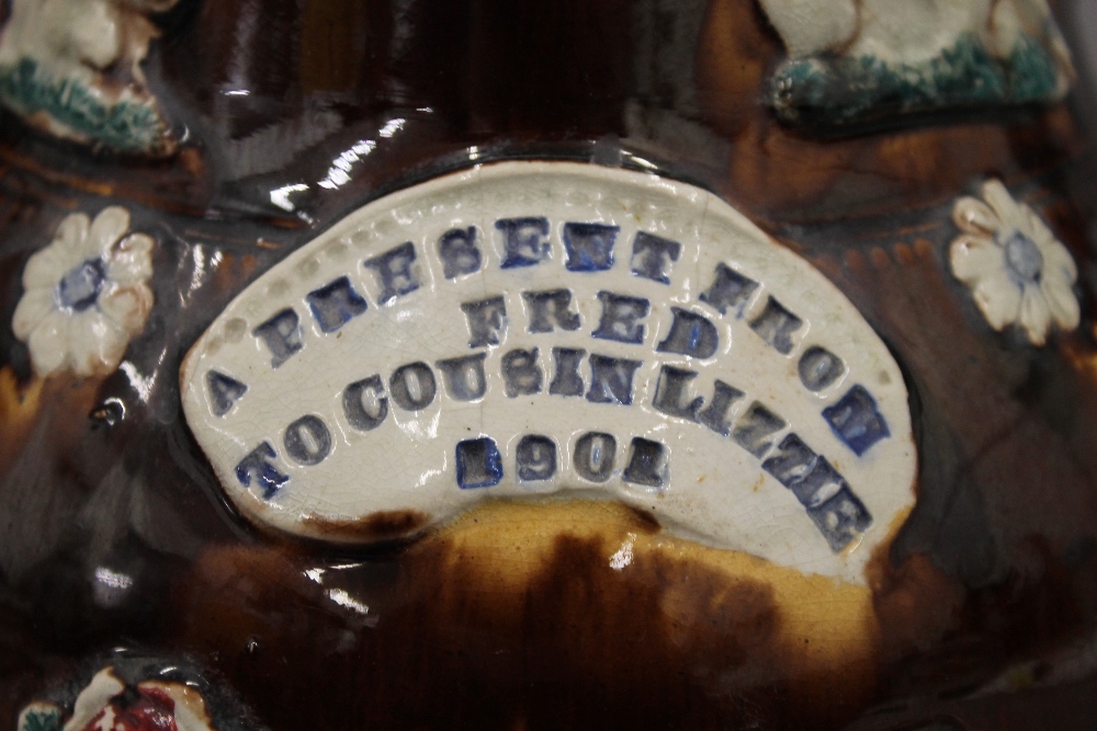 A large Edwardian pottery Barge Ware tea pot. 32.5 cm high. - Image 3 of 7