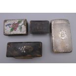 A silver cigar case, two snuff boxes and a cloisonne matchbox holder. The former 9 cm high.