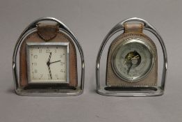 A stirrup form clock and barometer. The former 14 cm high.