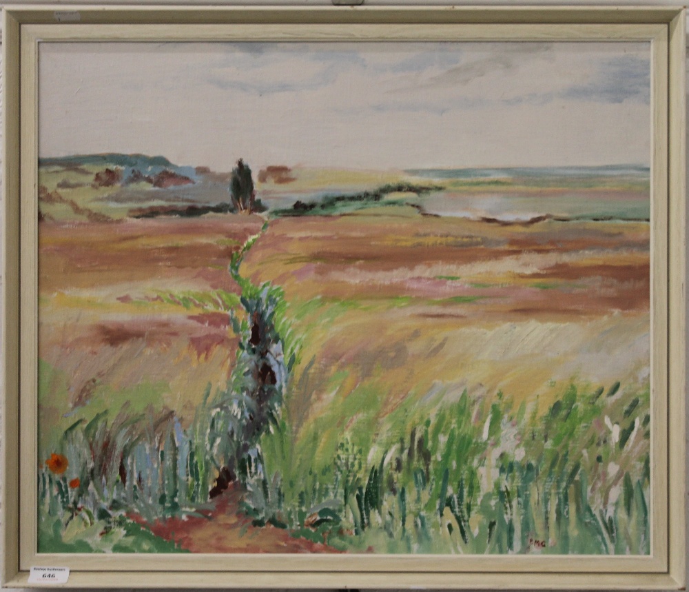 PHYLLIS GILES, Pink Cornfield, oil on board, initialled, framed. 59 x 49.5 cm.