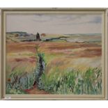 PHYLLIS GILES, Pink Cornfield, oil on board, initialled, framed. 59 x 49.5 cm.