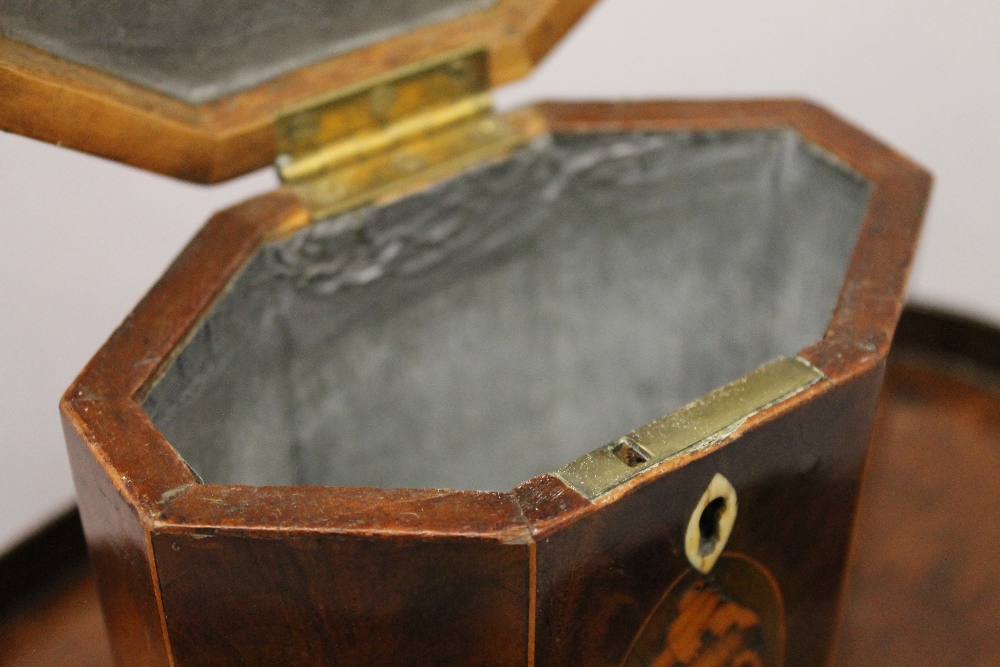 A George III mahogany octagonal tea caddy with shell inlay and a 19th century mahogany oval shell - Image 6 of 9