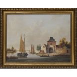 BERNARD PAGE (1927-1988) British, Dutch Riverscene, oil on board, framed. 39.5 x 29.5 cm.