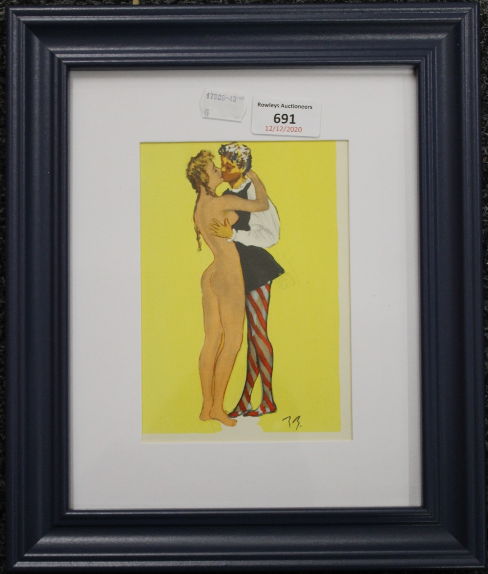 A 1950s lithograph, The Kiss, framed and glazed. 11.5 x 16.5 cm.