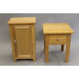 A modern oak bedside cupboard and a side table. The former 75 cm high x 45 cm wide. Table 48.